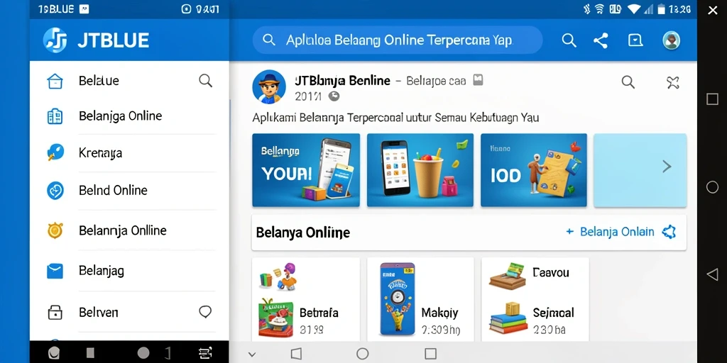 Tampilan antarmuka aplikasi JTBLUE yang user-friendly untuk Belanja Online.